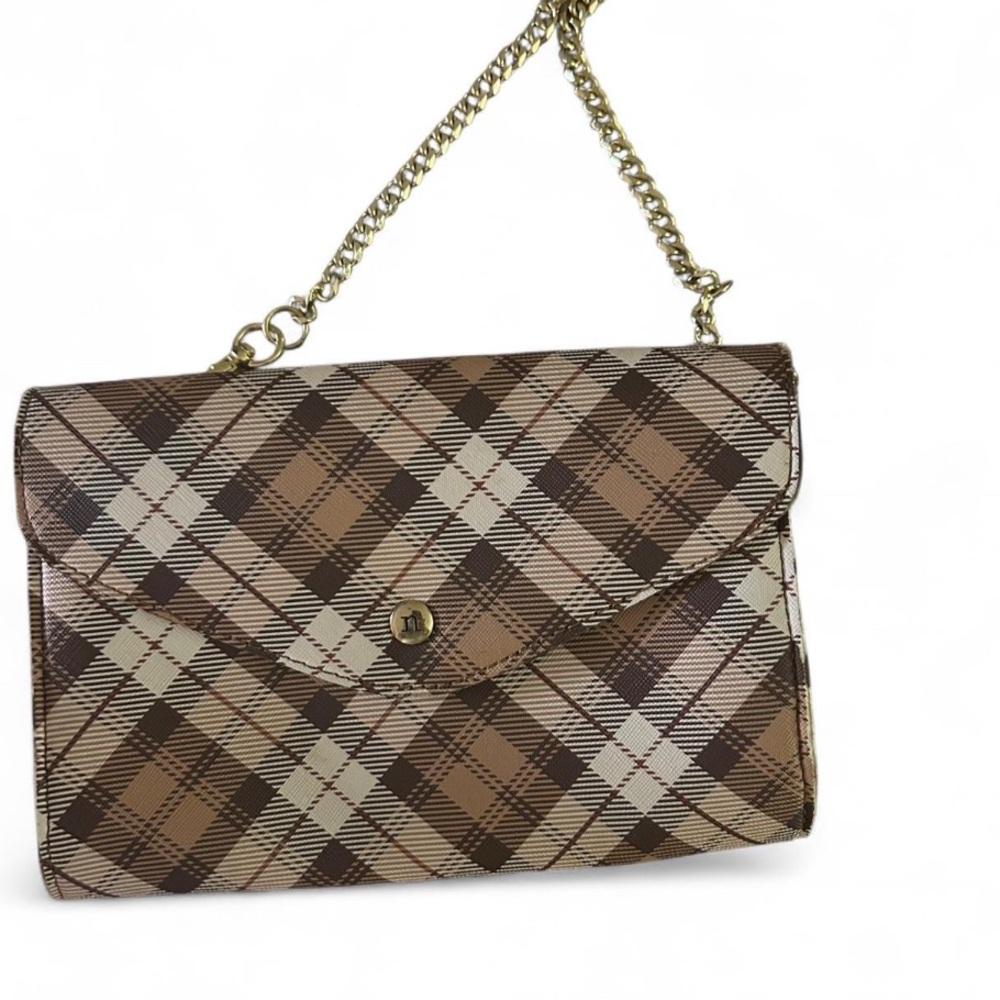 Nanette Lepore Brown Plaid Clutch with Gold Chain